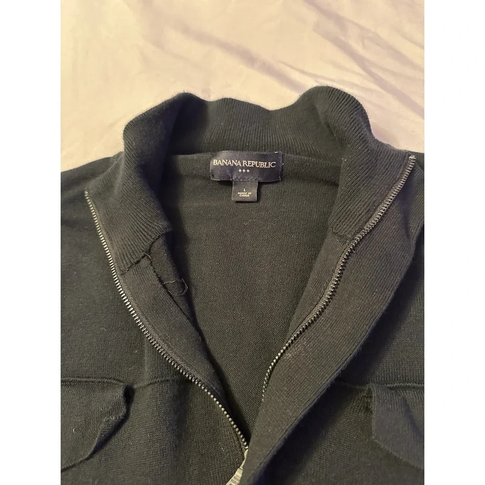 Banana Republic Men's Black Cotton‎ Mock Neck Sweater L Zip Pockets Grandpacore